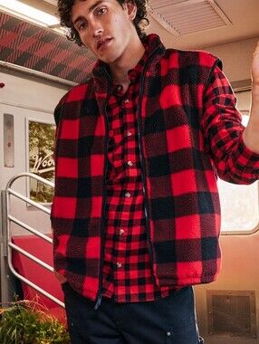 Men's WOOLRICH X TARGET Red & Black Buffalo Check Fleece Vest Gorpcore Granola
